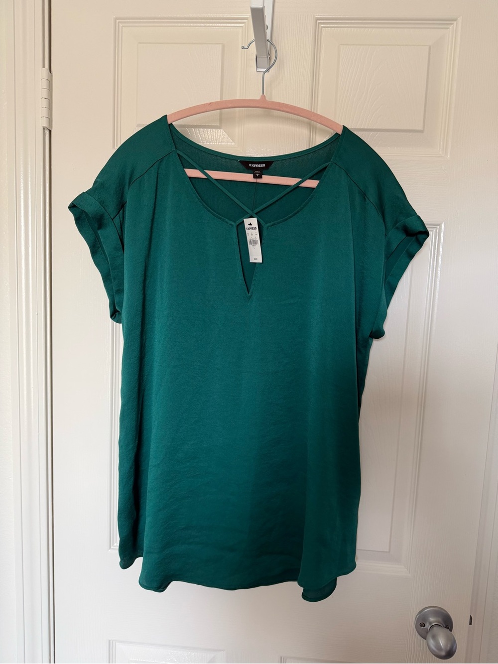 Express Women's Green Short Sleeve Tunic with V-Notch with crisscross strap